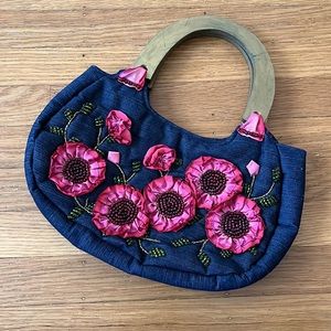Beautiful beaded ribbon flower purse denim handmade